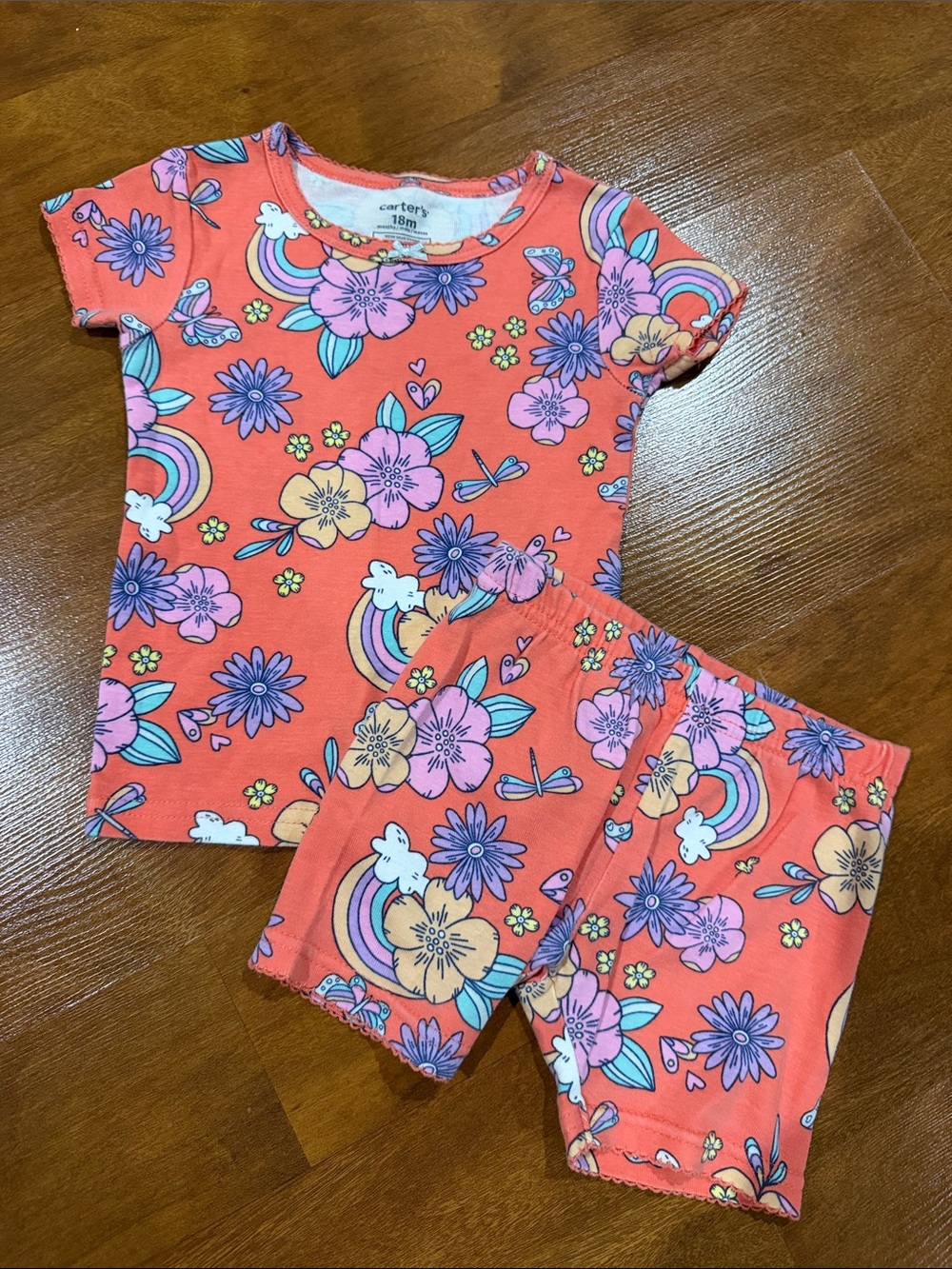 Carter's Coral Floral & Rainbow Short Sleeve Pajama Set